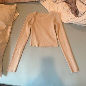 Elegant Beige Ribbed Long Sleeve Top
